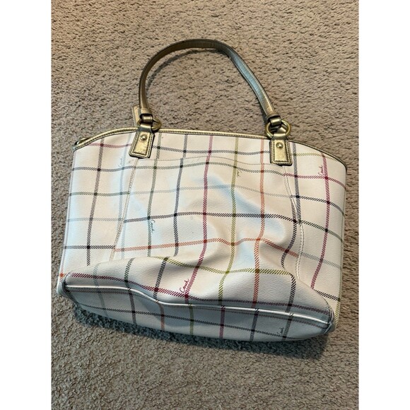 Coach Peyton Tattersall Tote Purse Handbag Ivory Plaid - Picture 5 of 11